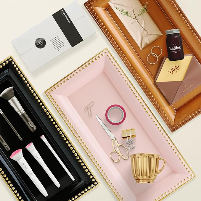 2 Pack Gold Bathroom Vanity Tray for Countertop with Beads, Small Plastic Toilet Tank Versatile Storage Organization Tray for Makeup, Perfume, Desk, Kitchen, Candles, 14"x7"x1", 36G