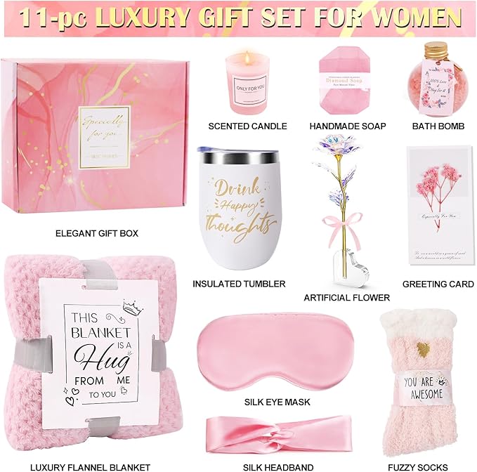 Birthday Gifts for Women Self Care Gifts Get Well Soon Gifts, Rose Relaxing Spa Gifts Basket Care Package, Luxury Flannel Blanket, Thanksgiving Christmas Gifts for Mom Her Grandma Friend Sister Wife