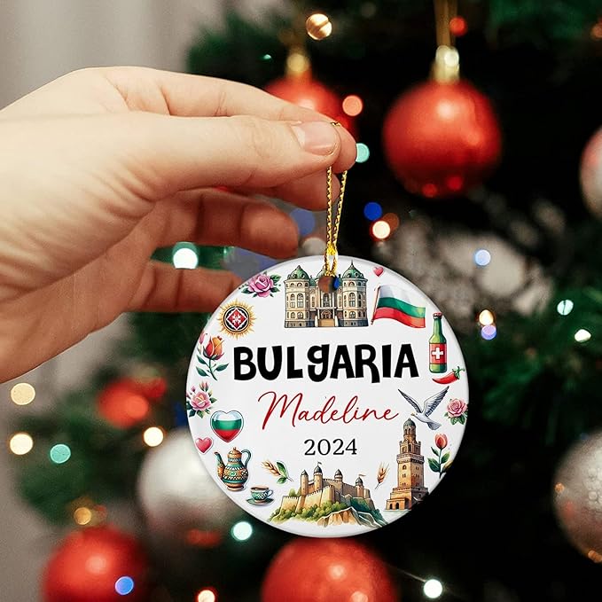 Bulgaria Landmark Ceramic Ornament, Personalized Bulgaria Christmas 2024 Souvenir, Custom Name Vacation Trip Ornament