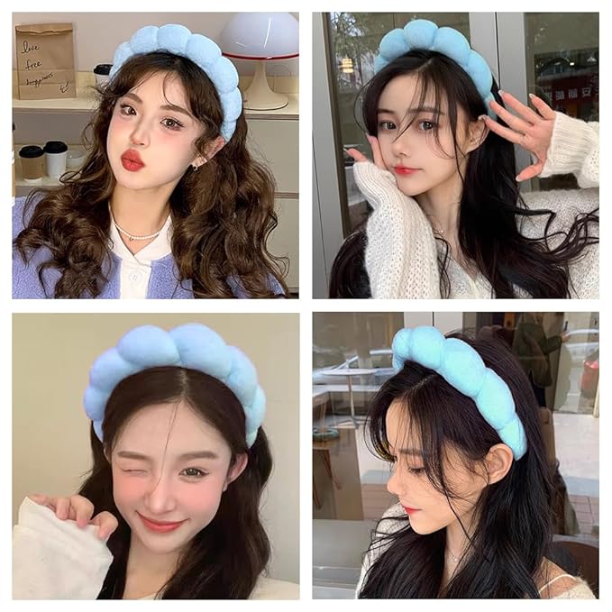 Spa Headbands for Washing Face or Makeup, Sponge Bubble Skincare Headbands, Puffy Terry Cloth Hairband for Women, Skin Care Makeup Headwear Hair Accessories for Girls(Blue)