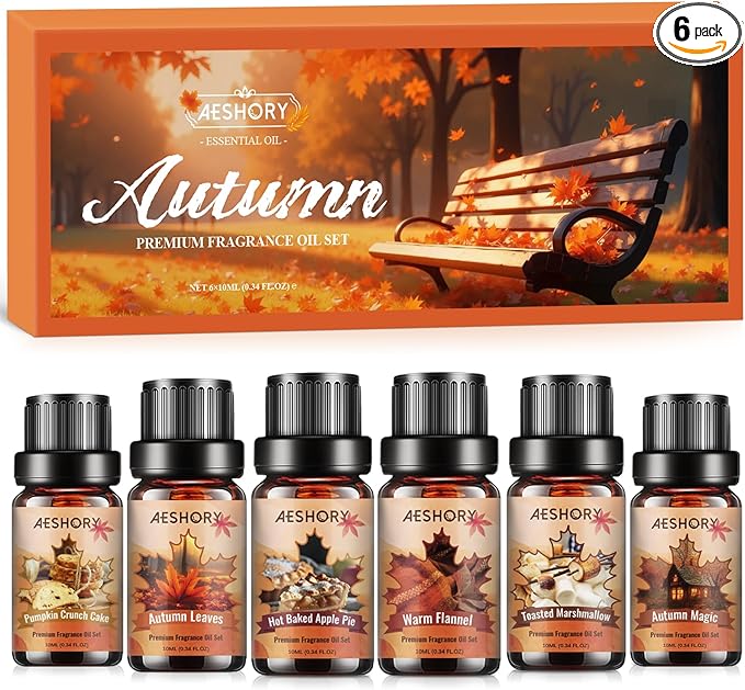Autumn Essential Oils Set, 6 Premium Fall Fragrance Oils for Diffuser for Home, Aromatherapy Oils for Pumpkin Crunch Cake, Apple Pie, Flannel, Marshmallow, Magic,Leaves Scents for Soap Candle Making