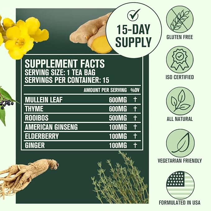 Betterbrand Mullein Tea Bags for Lungs – Herbal Tea for Respiratory Support – Caffeine-Free Loose Leaf Blend with Mullein Leaf Extract – 15 Bags for Lung Health and Wellness