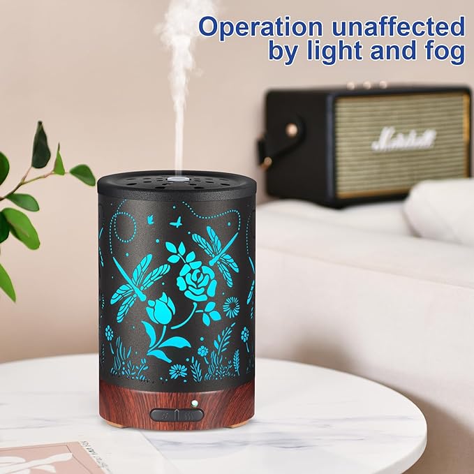 Essential Oil Diffuser- Aromatherapy Diffuser with7 Colors Light, and Auto-Off - Metal Cool Mist Humidifier for Home and Office（Roses + Dragonflies）…