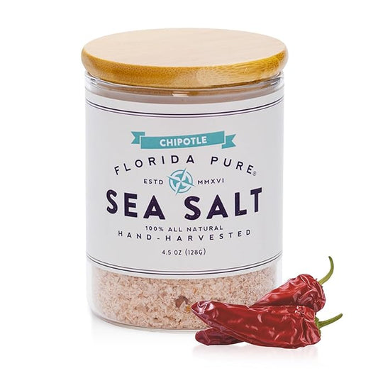 FLORIDA PURE Chipotle Pepper Sea Salt - Smoky, 80+ Mineral Salt, Natural, Unrefined, Non Iodized - for Baking, Cooking, Seasoning & Enhancing Taste - Flaky Sea Salt (4.5 oz Jar)