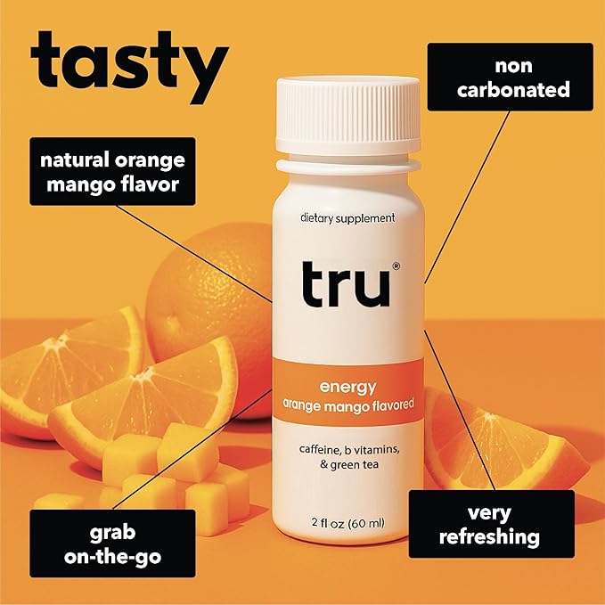 Tru Energy Shot, Orange Mango Flavored Extra Strength Energy Shots - Zero Sugar Energy Drink plus Vitamin B3, B6, B12, and Green Tea - Natural Caffeine, GF, Keto, Vegan Supplement, 2oz (Pack of 24)