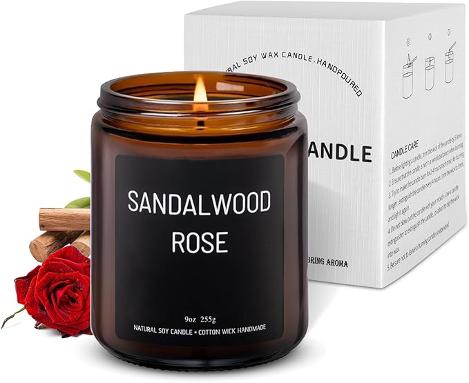 Sandalwood & Rose Scented Candles for Home Scented Aromatherapy Candles, Hand-Poured, 9 OZ, 50H Clean Burn,Soy Wax Candle Gift Set for Women Men