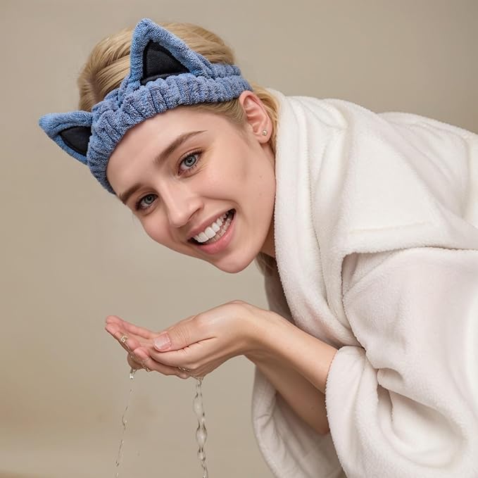 2 Pcs Cat Ears Headband, Cute Spa Headbands for Washing Face Skincare Makeup Headbands for Women Girls Trendy Stuff Present Soft Coral Fleece Hair Accessories(Blue Red)