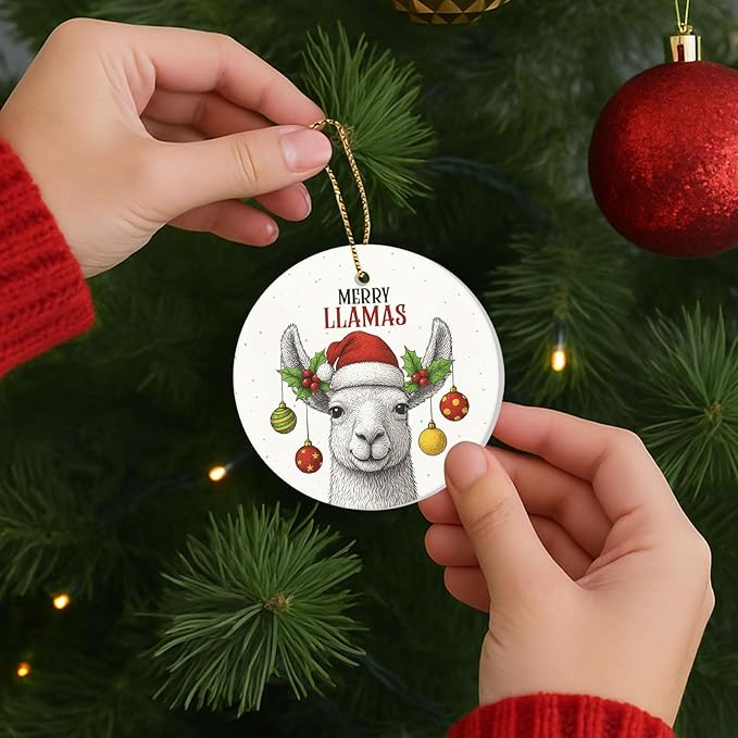 34HD Merry Llamas Ceramic Christmas Ornament – Funny Double-Sided Holiday Llama Tree Decoration for Animal Lovers