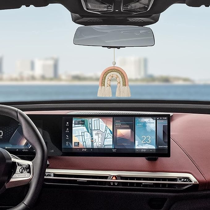 BOHO GARDEN Macrame Rainbow Charm - Essential Oil Diffuser for Cars, Baby Nursery, Children’s Bedroom & Home Decor - Colorful Decorative Hanging Air Freshener & Accessories - 3.5x4 - Rose Gold