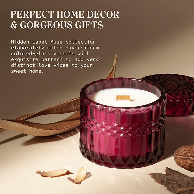 Hidden Label Wild Fig & Cassis Scented Soy Candles, Crackling Wood Wick, Muse Collection 7.4oz Glass Jar Decorative Candles, Gifts for Women