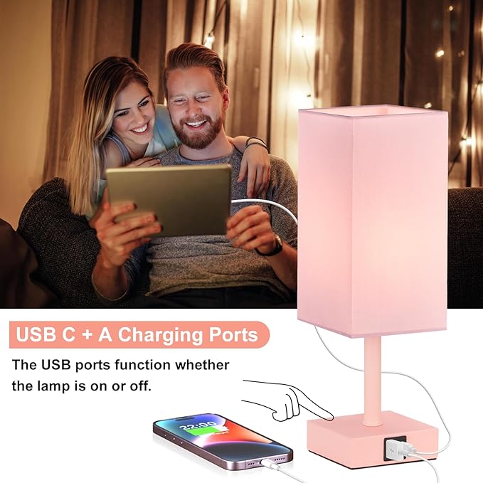 Ambimall Touch Control Table Lamp with USB A+C Charging Ports - 3 Way Touch Lamps Bedside, Nightstand Lamp for Bedrooms, LED Bulb Included(Pink Shade & Pink Base)