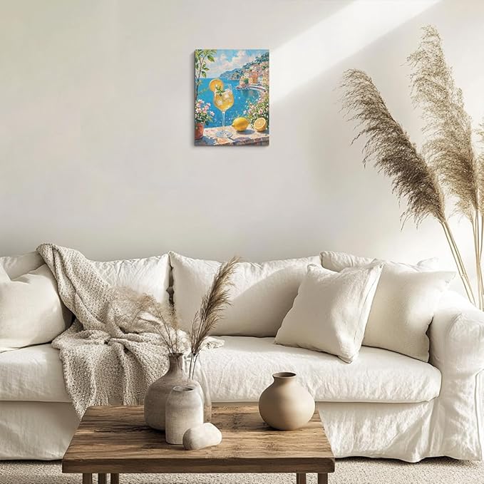 Italy City Wall Art, Coastal Landscape Watercolor Painting Italy Lemon Canvas Framed Prints Modern Decorations, Summer Aesthetic Flowers Poster for Living Room Entryway Farmhouse Bedroom Dining room