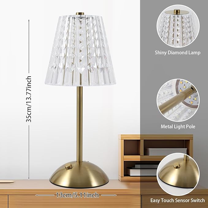 Cordless lamp,Dimmable Crystal Table Lamp 3 Colors LED Gold Lamp,Touch Lamp Diamond Crystal Lamp, Rechargeable Small Lamp, Wireless Lamp Vintage Lamp for Bedroom Living Room Bathroom Hotel Bar