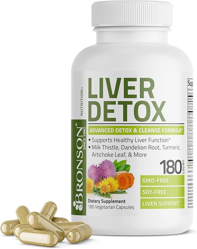 Bronson Liver Detox Advanced Detox & Cleansing Formula Supports Health Liver Function with Milk Thistle, Dandelion Root, Turmeric, Artichoke Leaf & More, Non-GMO, 180 Vegetarian Capsules