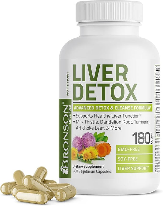 Bronson Liver Detox Advanced Detox & Cleansing Formula Supports Health Liver Function with Milk Thistle, Dandelion Root, Turmeric, Artichoke Leaf & More, Non-GMO, 180 Vegetarian Capsules