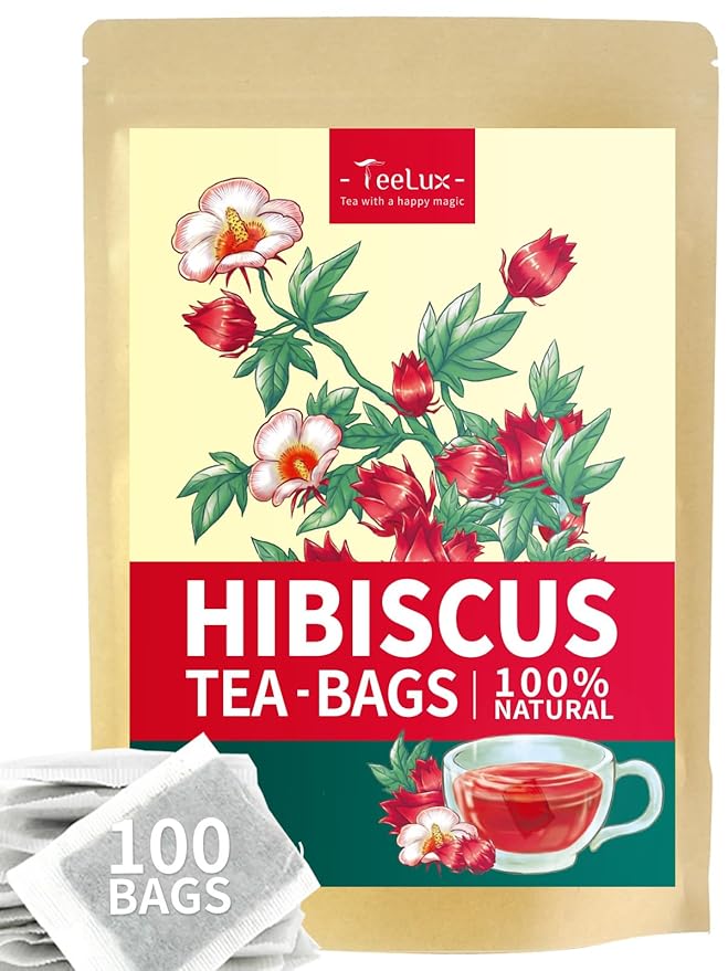 TeeLux Hibiscus Tea Bags, Premium Natural Hibiscus Flowers Tea, Caffeine Free, Refreshing Tart Flavor, 100 Count