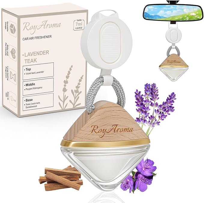 Long Lasting Car Air Freshener | Non-Toxic Hanging Car Diffuser with Adjustable Rope | Plant-Based Essential Oil Scent for Cars Freshener | Teak
