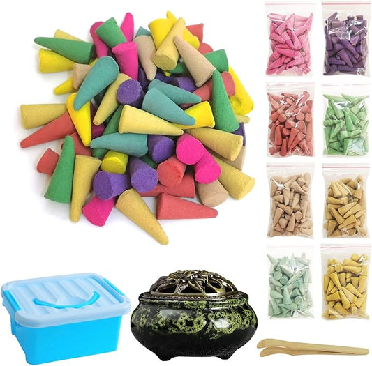Incense Cones， 8 Mixed (320 Cones Total) Cone Incense Scents, and A Ceramic Incense Burner. Natural Scent Cone， for Meditation, Yoga, Purification, and Aromatherapy.
