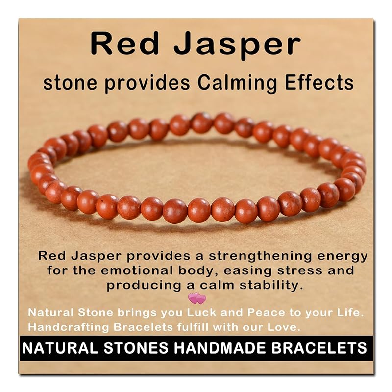 AD Beads Handmade Gemstone Stretch Elastic Bracelet Crystal Healing Reiki Nature's Beauty and Spiritual Essence Unisex (4mm, Red Jasper)