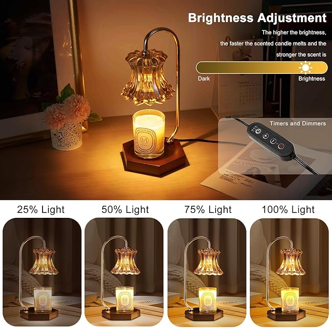 Candle Warmer Lamp with Timer Adjustable - Height Candle Warmer, Dimmer, Wax Melting Lamps for Home Decor, for Candles in Jars with 2 Bulbs, Glod