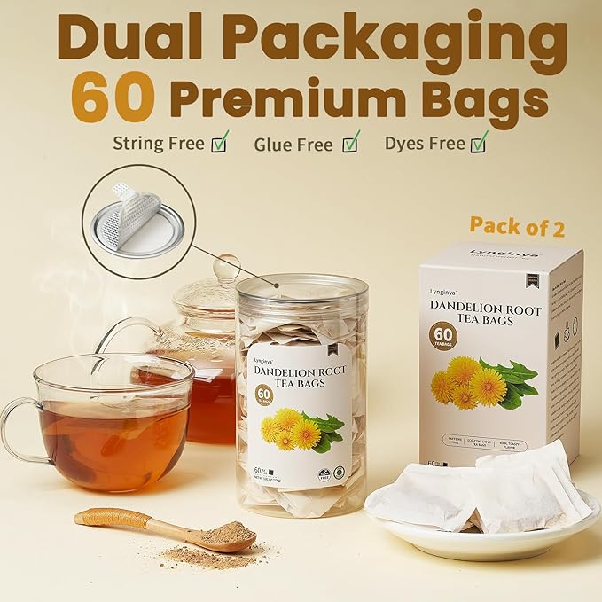 Lynginya Dandelion Root Tea, 60 Tea Bags (Pack of 2) - Premium Herbal Tea - Rich Flavor - No Sugar & No Caffeine - Total 120 Bags
