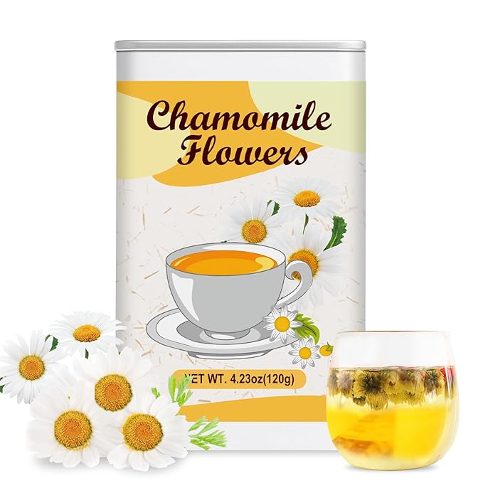 4.23oz Premium Dried Chamomile Flowers – Natural Whole Loose Chamomile for Tea, Baking, Crafts & Gifts, No Additives, Airtight Tin for Gifting (120g)