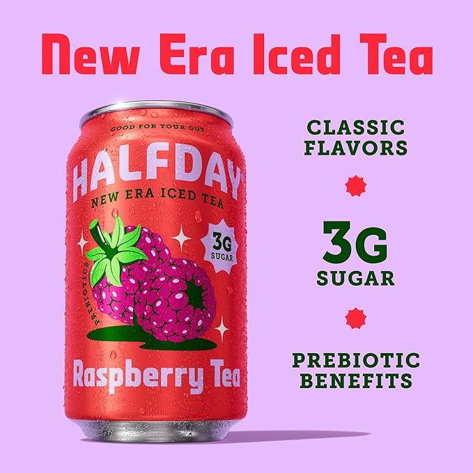 HALFDAY Prebiotic Raspberry Iced Tea Cans, Supports Digestive & Gut Health, 6g Plant Fiber & Prebiotics, Low Sugar, 35 Calories, Real Brewed Tea, Natural Caffeine, Gluten Free, 12 fl oz (12 pack) Packaging May Vary