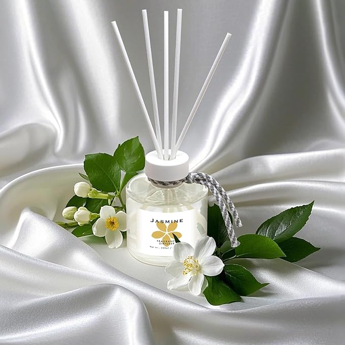 Jasmine Reed Diffuser Set, 6.77OZ(200ML) Large Capacity Natural Non-Toxic Oil, Reed Diffusers Set for Home