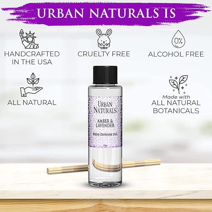 Urban Naturals Reed Diffuser Oil Refill Amber & Lavender, Soothing Lavender, Warm Amber, Calming Room Scent, 4 oz + Free Reed Sticks, Made in The USA