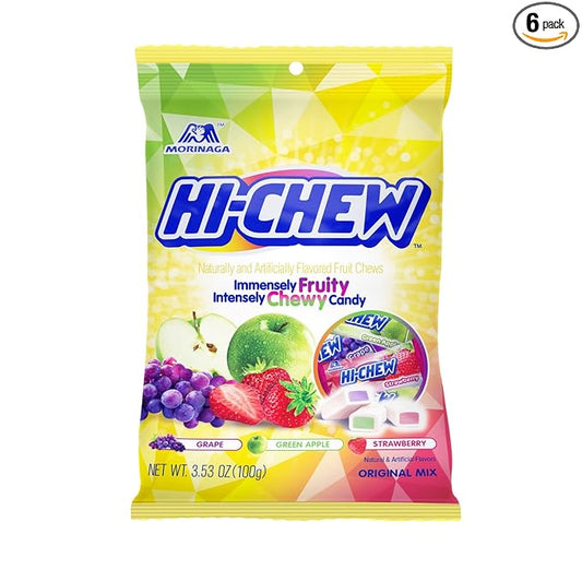 HI-CHEW Original Mix, 6 Bags, 3.53oz each - Strawberry Green Apple Grape - Unique Fun Soft & Chewy Halloween Candy - Immensely Juicy Fruity Candy Flavors - Individually Wrapped for Sharing
