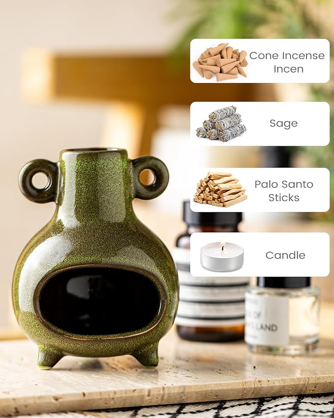 Ceramic Palo Santo Holder, Modern Incense Holder Burner for Sticks Sage Bundles Cone Incense, Chimenea Incense Dish for Meditation Decor, Green