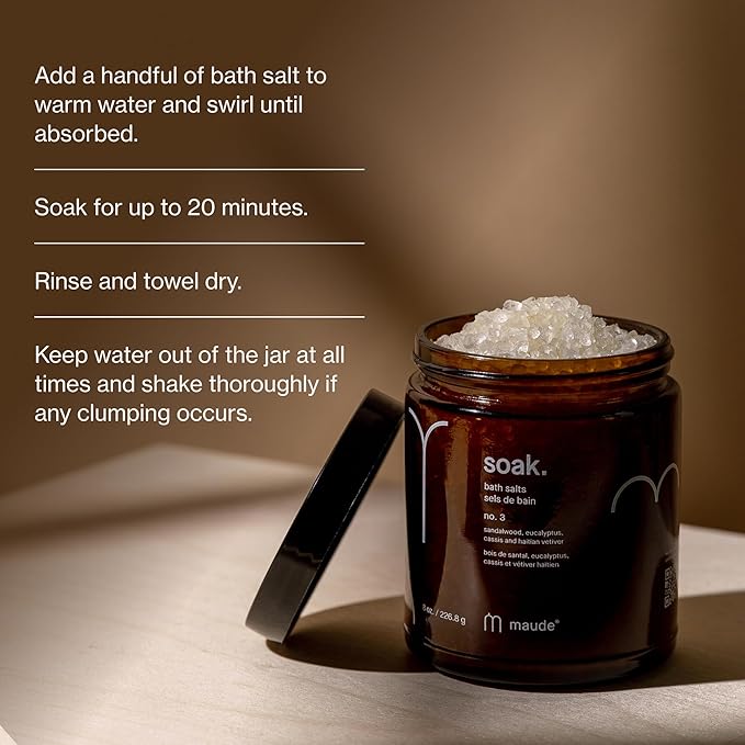 Maude Soak No. 3 - Nourishing Mineral Bath Salts - Hand-Harvested Dead Sea Salt with Magnesium & Potassium Chloride - Soften & Rejuvenate Skin - Notes of Sandalwood & Eucalyptus (8 oz)