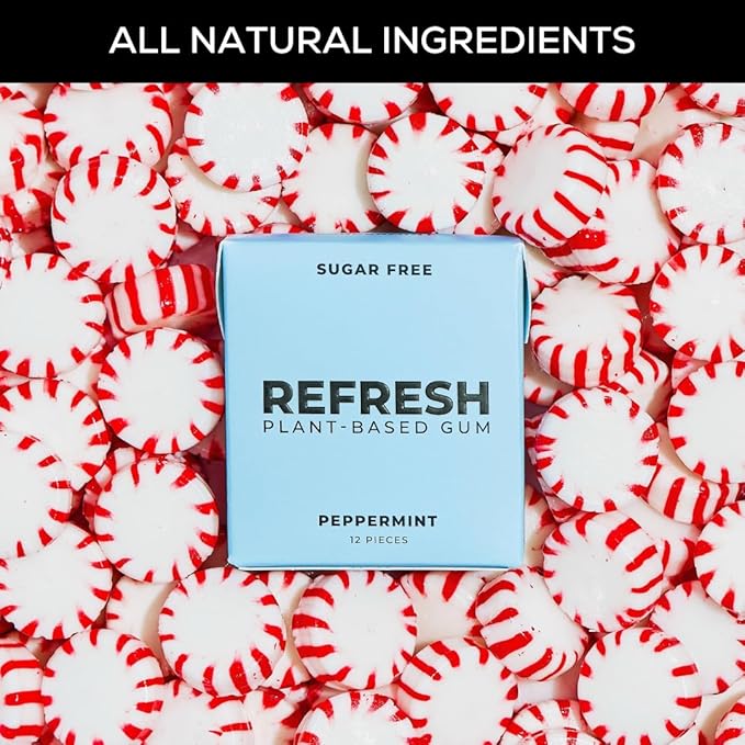 Refresh Gum, Xylitol, Natural, Sugar Free, Plastic Free, Natural Flavors & Organic Ingredients, Plant-Based, Low Calorie, Non GMO, Gluten Free, Vegan, Peppermint, 12 Pcs, 12 Pck
