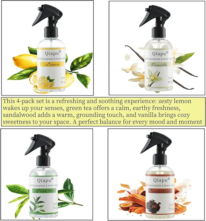 4-Pack Linen Spray Set – Vanilla, Sandalwood, Green Tea & Lemon Room Spray for Pillows, Sheets & Home Fragrance with Natural Essential Oils