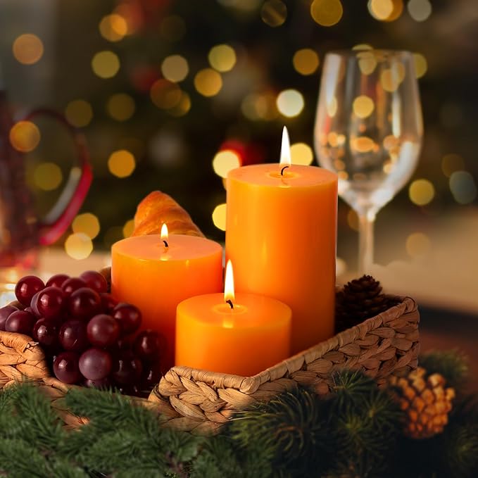 KONNI Orange Pillar Candles Set of 3, 3"x 3" Unscented Pillar Candles Bulk, 30 Hours Long Burning Candles, Smokeless&Dripless Large Round Candle for Wedding, Home Decoration, Parties, Spas, Dinner
