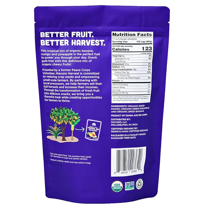 Mavuno Harvest Tropical Mix Dried Fruit Snack | Unsweetened Organic Mixed Dried Fruit | Gluten Free Healthy Snacks for Kids and Adults | No Sugar Added, Vegan, Non GMO | 1 Pound Resealable Bag