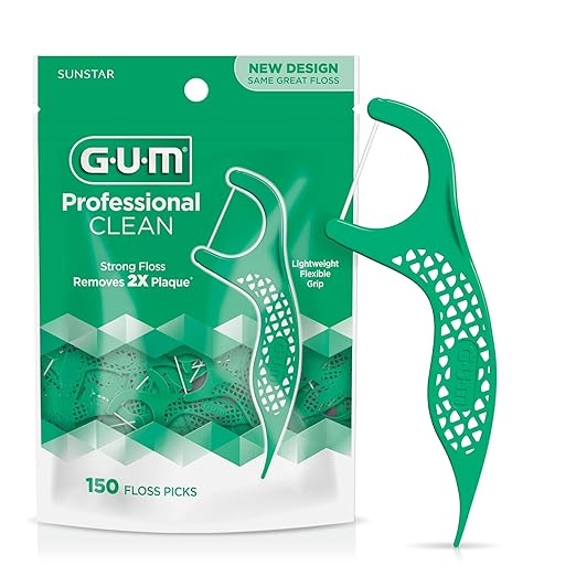 GUM Professional Clean Floss Picks - Extra Strong Shred-Resistant Floss, Easy Grip Handle - Dental Flossers for Adults - Fresh Mint Flavor, 150 Count