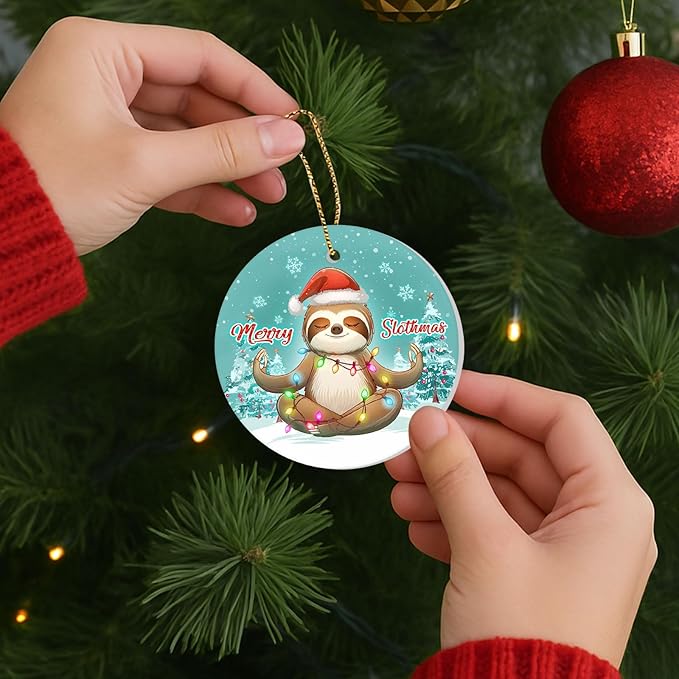 34HD 2.9" Ceramic Hanging Ornament for Christmas Tree, Lightweight Both Sides Printed Flat Ornament, Christmas Decoration, Sloth