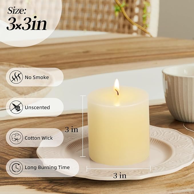 KONNI Ivory Pillar Candles Set of 3, 3"x 3" Unscented Pillar Candles Bulk, 30 Hours Long Burning Candles, Smokeless&Dripless Large Round Candle for Wedding, Home Decoration, Parties, Spas, Dinner