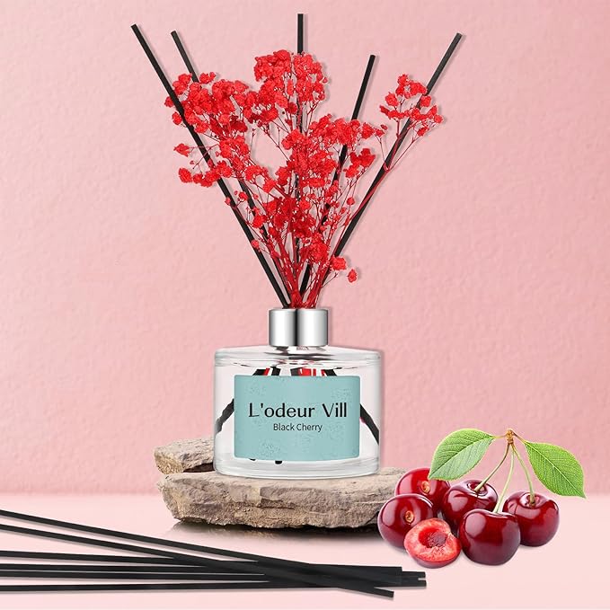 L'odeur Vill Reed Diffuser Set - Black Cherry Scented Home Fragrance, 6.7 oz (200ml) with 6 Oil Diffuser Sticks for Large Rooms and Bathroom Decor