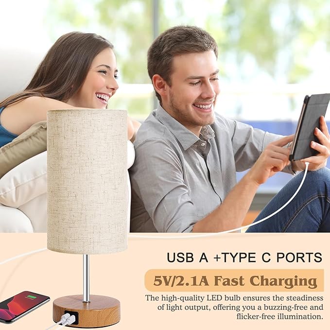 Bedside Table Lamp for Bedroom - 4 Way Dimmable Touch Lamp with USB and Type-C Charge Port,Small Wood Base Round Flaxen Fabric Shade Lamp Living Room,Bedroom Use (Yellow Base, 2Pack)