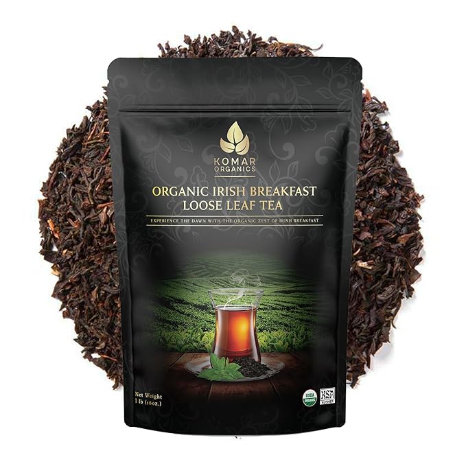 Komar Organics Irish Breakfast Tea – 16Oz USDA Organic Black Loose Leaf Tea – Certified Kosher Ceylon and Assam Black Tea Loose Leaf Rich in Antioxidants – Energy Boosting Organic Black Tea for Morning, Afternoon