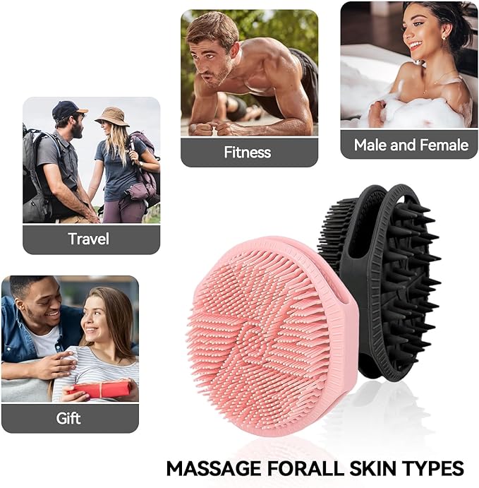 2-Pack Soft Silicone Dual-Sided Body Scrubber & Loofah | Gentle Exfoliating Shower Brush for Men & Women | Creates Rich Lather, Easy to Clean (Black & Pink)