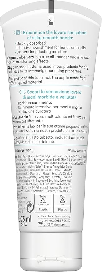 lavera Basis Sensitive Hand Cream - Hand Lotion with Aloe Vera & Shea Butter for Smooth Hands - Intensive & Moisturizing Care - PETA Certified - Vegan - Made in Germany - 2.5 Fl Oz