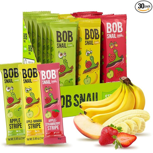 BOB SNAIL Healthy Organic Fruit Snacks for Kids and Adults – 30 Organic Fruit Leather Snacks with Apple, Banana, Strawberry – Vegan Low-Carb Variety Pack Strips for Kids – Sugar Free Jerky Bars