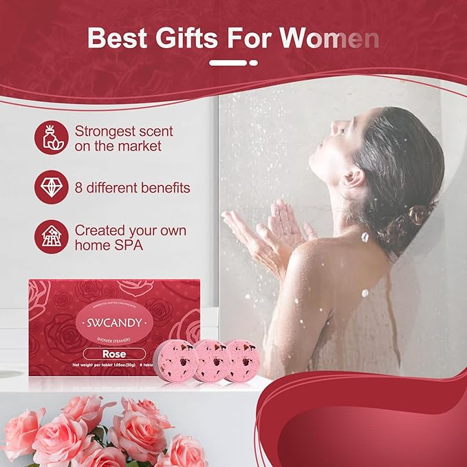 Aromatherapy Shower Steamers Birthday Day Gifts Rose - Swcandy 8 Pcs Bath Bombs Birthday Gifts for Women, Shower Bombs with Essential Oils, Relaxation Home SPA for Women Who Has Everything