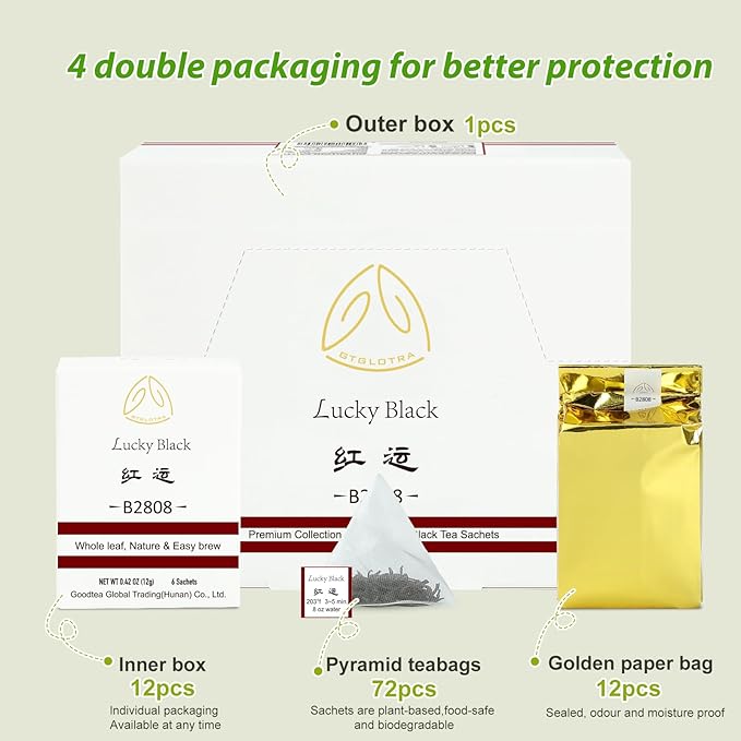 GTGLOTRA Full-Leaf Black Tea, 72 Pyramid Bags (12 Pack), Easy Brew, 100% Natural, Low Caffeine, Caffeine Alternative to Coffee, Biodegradable Tea Whole Leaf Tea Sampler, Family Size, Office Reception,Daily Consumption,Gifts