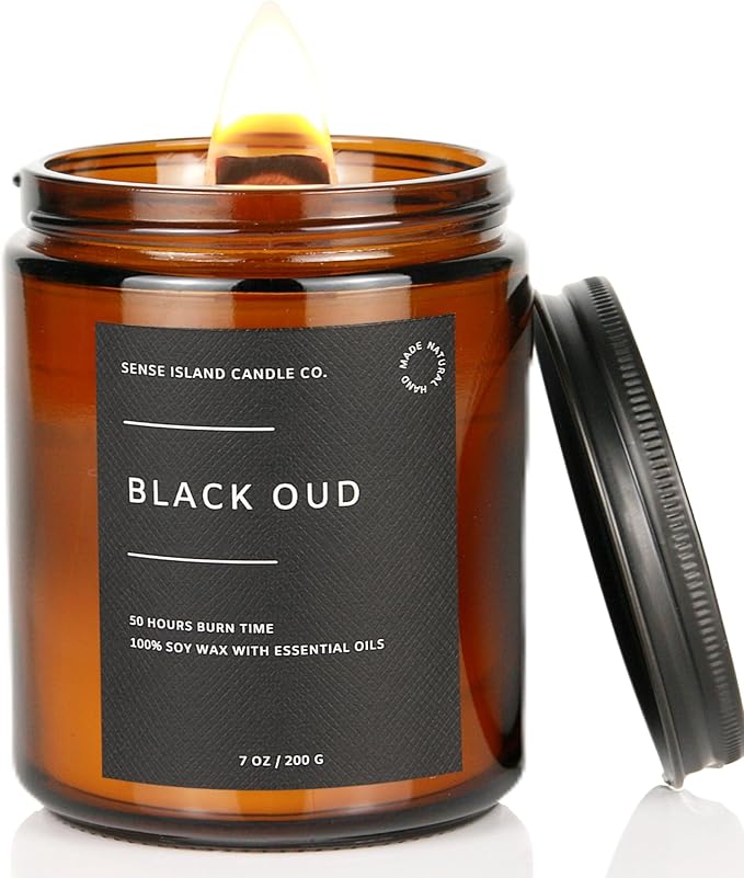 Black Oud Wood Wick Candle – Luxury Earthy Woody Scent, 100% Soy, 50-Hour Burn – Scented Candle with Wooden Wick for Home, Office, Gifts