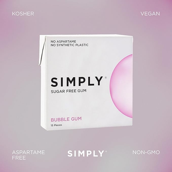 SIMPLY Gum | Dental Gum | Sugar Free Xylitol Chewing Gum | Bubblegum | Pack of Six (90 Pieces Total) | Synthetic Plastic Free + Sugar Free + Aspartame Free