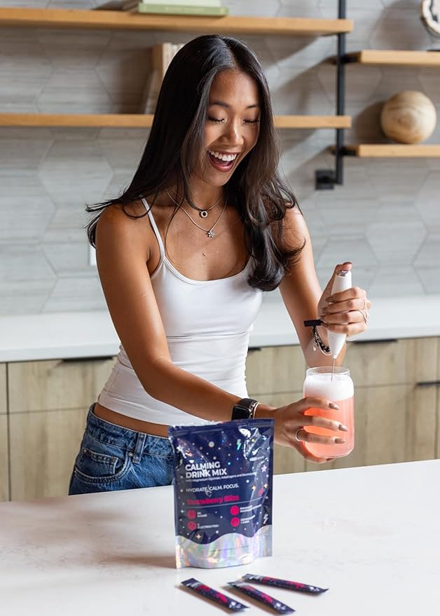 Calm Magnesium Glycinate Drink Mix with Electrolytes – Sugar Free Powder with Ashwagandha, L-Theanine, Vitamin B & GABA – Cortisol Support, Stress Relief, Hydration & Focus - 20 servings (Strawberry)